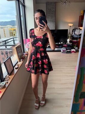 Planet Gold Black Mini Dress with Pink Floral Print